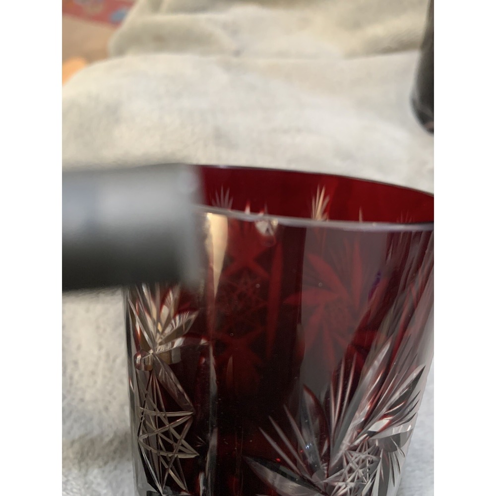 SET OF 4 RUBY RED BOHEMIAN CRYSTAL CUT TO CLEAR WHISKEY TUMBLER BAR GLASSES - Picture 11 of 14